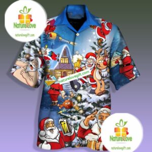Funny Reindeer And Santa Claus Drinking Beer Meme Blue My Hawaiian Shirts