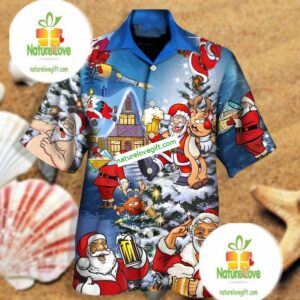 Funny Reindeer And Santa Claus Drinking Beer Meme Blue My Hawaiian Shirts 1 Funny Reindeer And Santa Claus Drinking Beer Meme Blue My Hawaiian Shirts 2