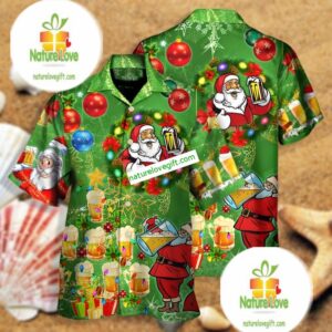 Funny Santa Claus Drinking Beer Green Aloha Print Shirt 2