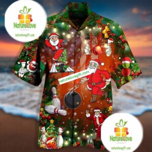 Funny Santa Claus Playing Bowling Green Hawaiian Camp Shirt 2