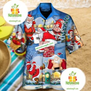 Funny Santa Claus Stout Blue Hawaiian Gun Shirts 2