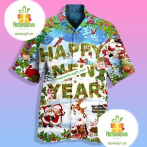Happy New Year Santa Claus Reindeer And Elf Green Silk Hawaiian Shirts