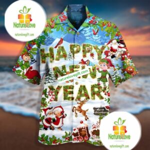 Happy New Year Santa Claus Reindeer And Elf Green Silk Hawaiian Shirts 2