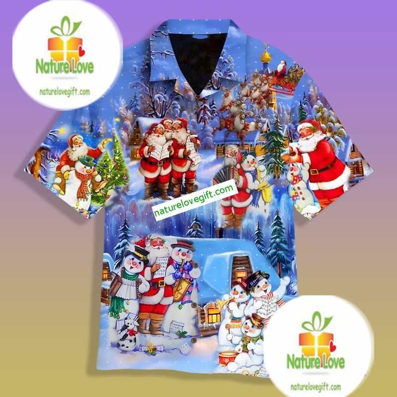 Santa And Snowman Party Blue Big And Tall Hawaiian Shirts Santa And Snowman Party Blue Big And Tall Hawaiian Shirts
