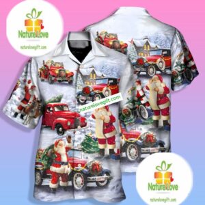 Santa Claus And Red Truck Blue Best Hawaiian Shirts 1