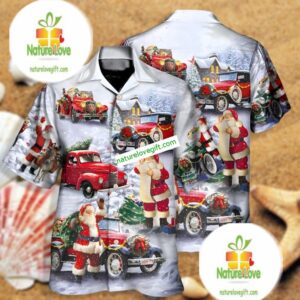 Santa Claus And Red Truck Blue Best Hawaiian Shirts 2