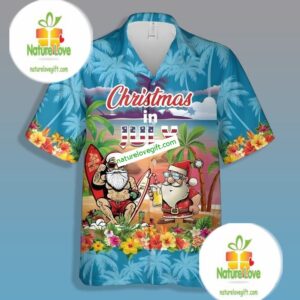 Santa Claus Beach Christmas In July Blue Hawaiian Button Up 1