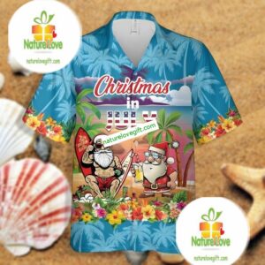 Santa Claus Beach Christmas In July Blue Hawaiian Button Up 2