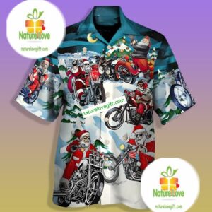 Santa Claus Biker Driving Motorcycle Blue Hawaiian Camp Shirt