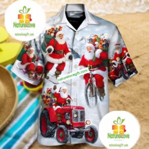 Santa Claus Bring Gift With Bike Grey Hawaiian Shirt Dress 2