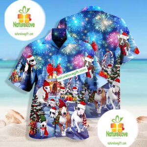 Santa Claus Bully Dog Mom Dad Blue 80S Hawaiian Shirt 1 Santa Claus Bully Dog Mom Dad Blue 80S Hawaiian Shirt 2