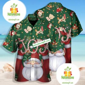 Santa Claus Christmas Joy Candy Green Nice Hawaiian Shirts 2