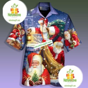 Santa Claus Come To Deliver Gifts At Night Blue Hawaiian Couple Outfits