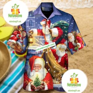 Santa Claus Come To Deliver Gifts At Night Blue Hawaiian Couple Outfits 2