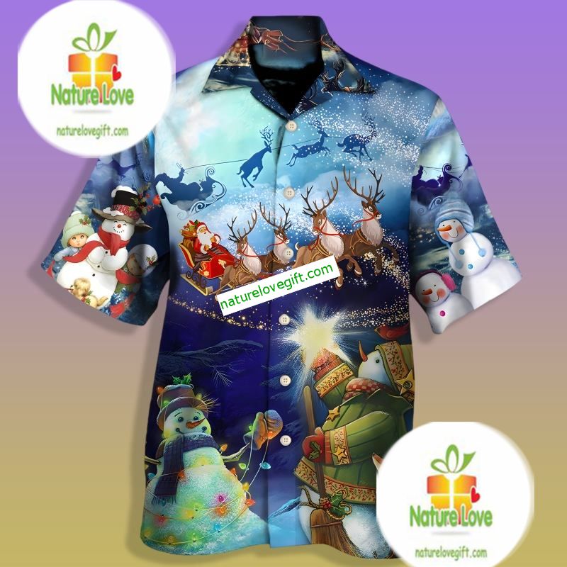 Santa Claus Flying In The Night Sky Blue Hawaiian Button Up Shirt Santa Claus Flying In The Night Sky Blue Hawaiian Button Up Shirt
