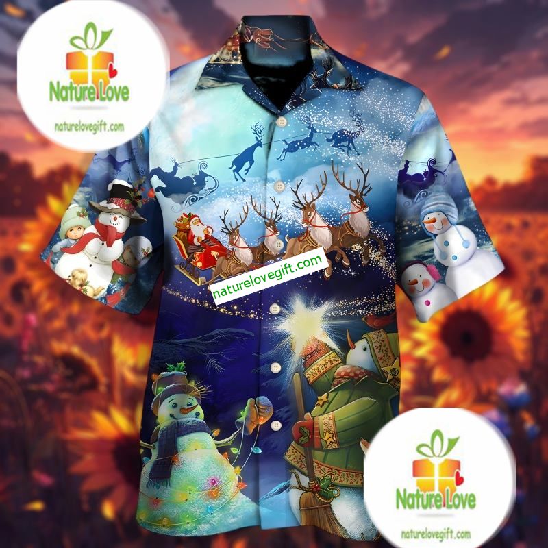 Santa Claus Flying In The Night Sky Blue Hawaiian Button Up Shirt Santa Claus Flying In The Night Sky Blue Hawaiian Button Up Shirt