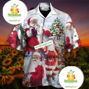 Santa Claus Holding Christmas Bells Grey Cotton Hawaiian Shirts 2