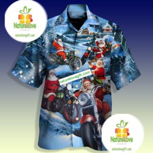 Santa Claus Motorcycle He Coming Blue Tropical Print Shirts