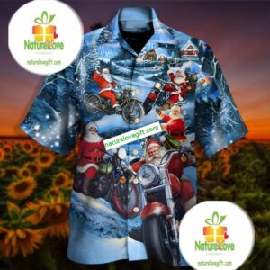 Santa Claus Motorcycle He Coming Blue Tropical Print Shirts 2