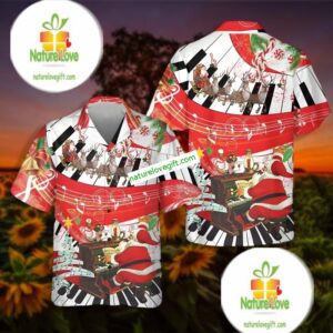 Santa Claus Playing Piano Red Aloha Shirt Womens 2