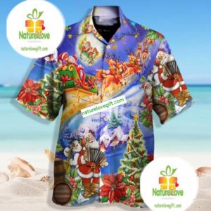 Santa Claus Plays Musical Instruments Blue Cheap Hawaiian Shirts 1 Santa Claus Plays Musical Instruments Blue Cheap Hawaiian Shirts 2