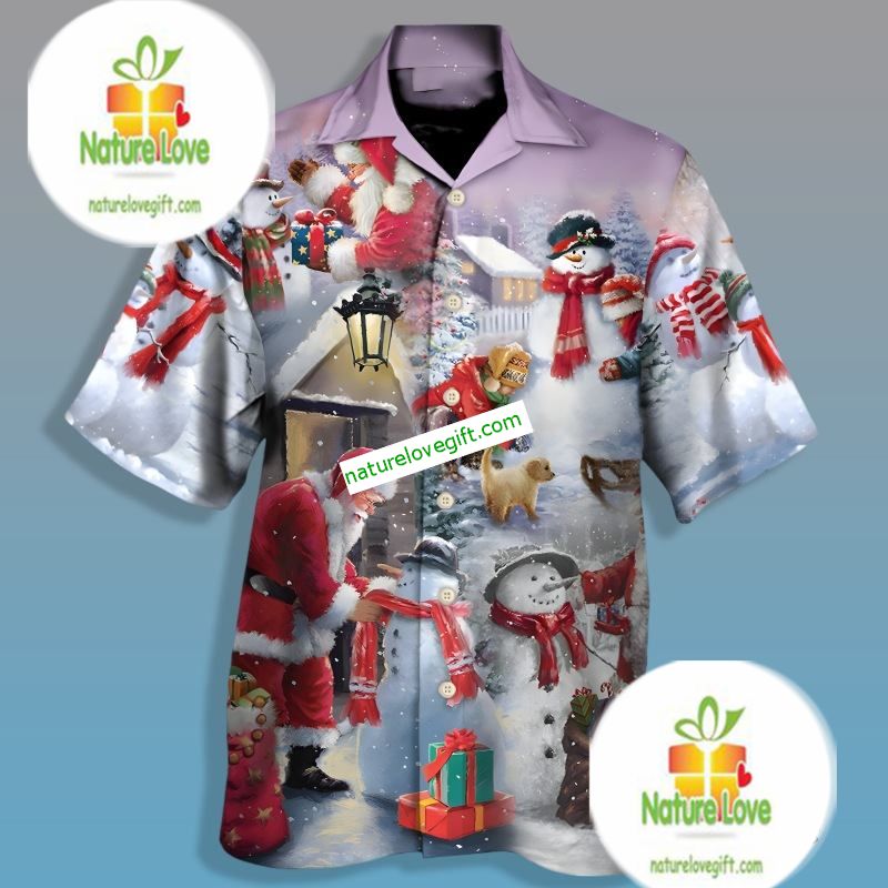 Santa Claus Puts A Scarf Snowman Purple Vintage Aloha Shirts Santa Claus Puts A Scarf Snowman Purple Vintage Aloha Shirts