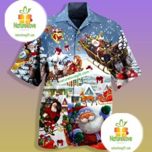 Santa Claus Sits On A Reindeer Sleigh Blue Hawaiian Shirt Outfit