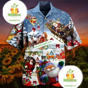 Santa Claus Sits On A Reindeer Sleigh Blue Hawaiian Shirt Outfit 2
