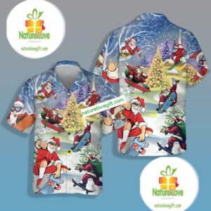 Santa Claus Skiing Blue Cotton Hawaiian Shirts