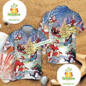Santa Claus Skiing Blue Cotton Hawaiian Shirts 2