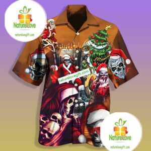 Santa Claus Skull Orange Slim Fit Hawaiian Shirt