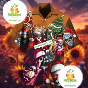 Santa Claus Skull Orange Slim Fit Hawaiian Shirt 2