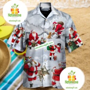 Santa Claus Snowman And Dog In The Snow Mountain Grey Authentic Hawaiian Shirts 2