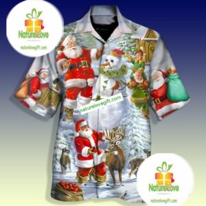 Santa Claus Snowman Elf Happy Xmas Grey Tacky Hawaiian Shirt 1