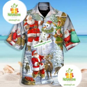 Santa Claus Snowman Elf Happy Xmas Grey Tacky Hawaiian Shirt 2