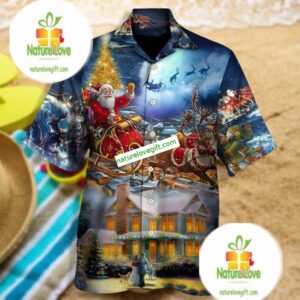 Santa Claus Snowman Night Blue Matching Hawaiian Shirts 2