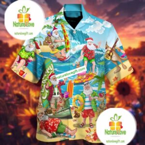 Santa Claus Surfing Christmas In July Blue Summer Hawaiian Shirts 2