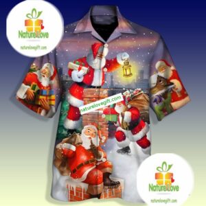 Santa Claus Throwing Gifts Down The Chimney Purrple Long Sleeve Hawaiian Shirt