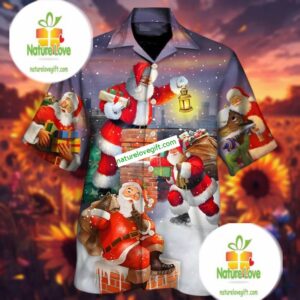 Santa Claus Throwing Gifts Down The Chimney Purrple Long Sleeve Hawaiian Shirt 2