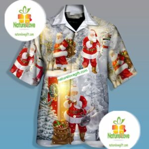 Santa Claus With Deer Grey Youth Hawaiian Shirts