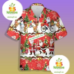 Santa Clause And Cute Reindeer Red Aloha Shirts Mens 1