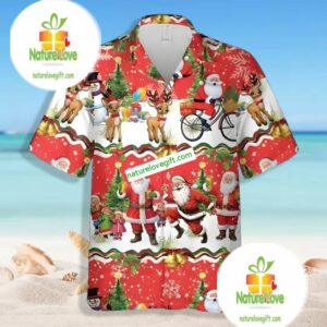 Santa Clause And Cute Reindeer Red Aloha Shirts Mens 2