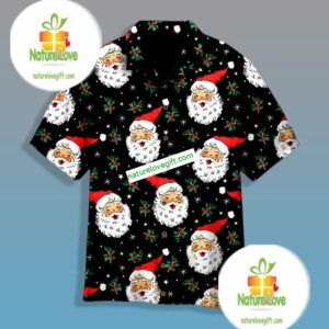 Santa Holly Snow Flakes Black Luxury Hawaiian Shirts