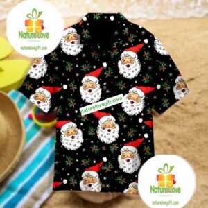 Santa Holly Snow Flakes Black Luxury Hawaiian Shirts 1 Santa Holly Snow Flakes Black Luxury Hawaiian Shirts 2