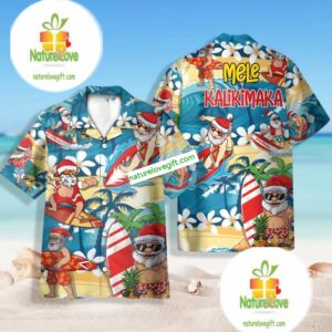 Santa Surfing Mele Kalikimaka Christmas In July Blue Hawaiian Camp Shirt 2
