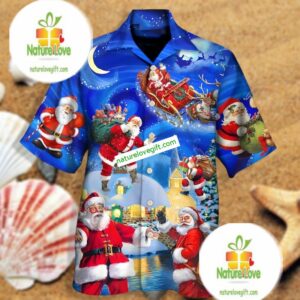 The Christmas Moon Santa Claus Delivers Gifts Blue Summer Hawaiian Shirts 1 The Christmas Moon Santa Claus Delivers Gifts Blue Summer Hawaiian Shirts 2