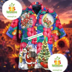 Tropical Santa Claus And Hibiscus Red Funky Hawaiian Shirts 1 Tropical Santa Claus And Hibiscus Red Funky Hawaiian Shirts 2
