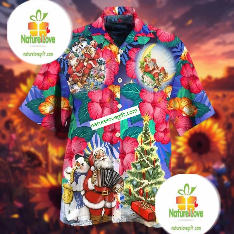 Tropical Santa Claus And Hibiscus Red Funky Hawaiian Shirts Tropical Santa Claus And Hibiscus Red Funky Hawaiian Shirts