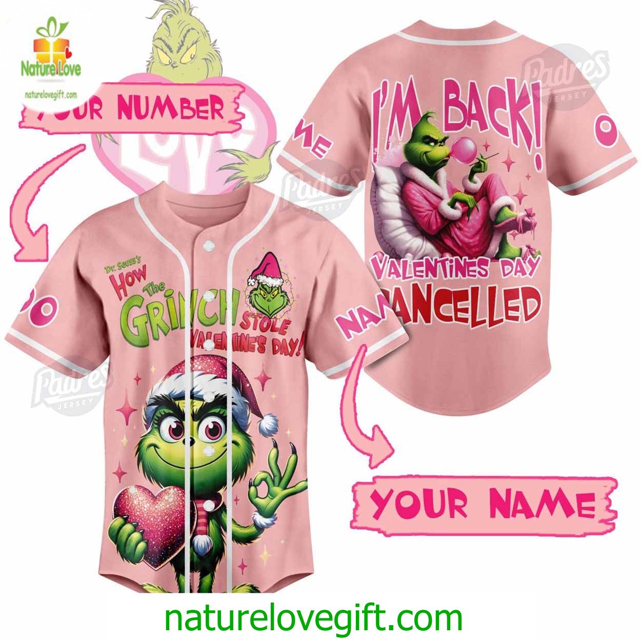 Custom Valentine The Grinch Baseball Jersey Custom Valentine The Grinch Baseball Jersey