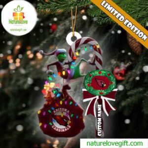 Arizona Cardinals NFL Custom Grinch Candy Cane Name Ornament 2025 Xmas Tree Gift